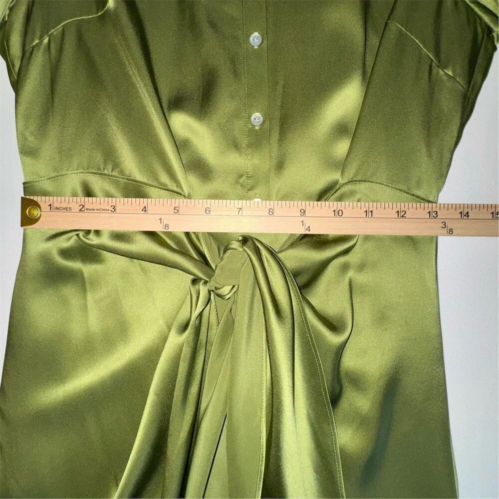 Cinq à Sept Jacey Silk Shirtdress Womens Size 6 Green Moss Tie-Waist Midi Luxe - Picture 13 of 15